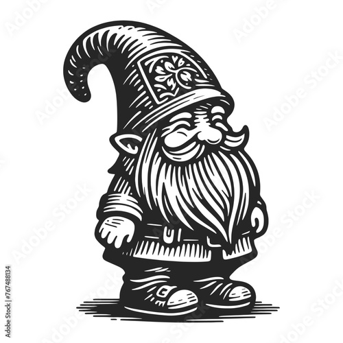 cheerful garden gnome with a tall hat and a long, bushy beard sketch engraving generative ai fictional character vector illustration. Scratch board imitation. Black and white image.