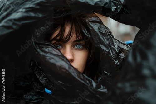 A woman with striking blue eyes is hidden inside a black plastic bag.
