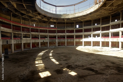 Interior of a deserted building featuring a skylight in the center. photo