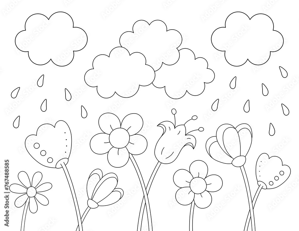 cute coloring page with garden flowers, clouds and rain. you can print it on standard 8.5x11 inch paper
