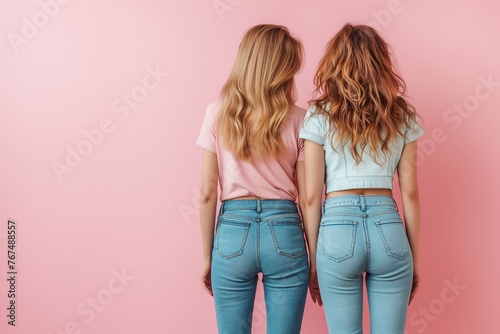 Two stylish women in jeans standing back to back against a pink background.