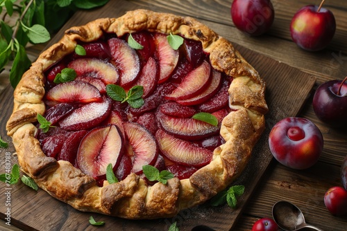 Freshly baked plum galette topped with sliced plums and mint leaves on a wooden cutting board.