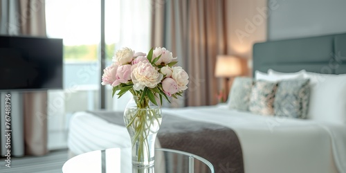A bouquet of white and pink peonies in a glass vase placed on a table in a hotel room. © Joaquin Corbalan