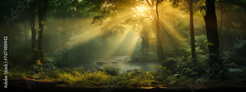 Mystical Forest Landscape with River and Sunlight Rays