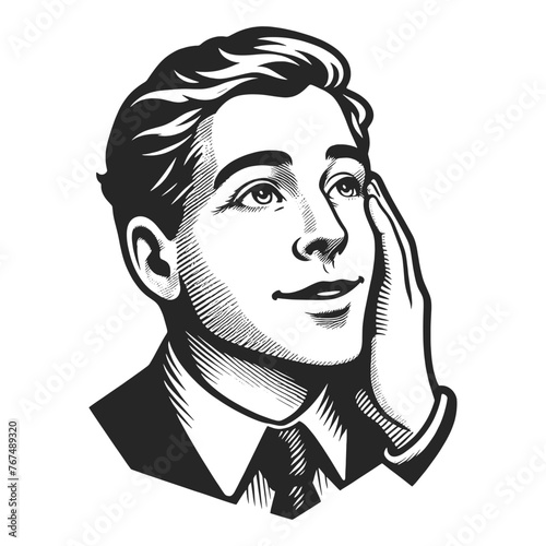 thoughtful vintage daydreaming man with a hand on his face. Sketch engraving generative ai vector illustration. Scratch board imitation. Black and white image.