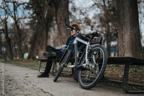 An entrepreneur relaxes on a park bench with their bicycle standing beside, embodying a work-life balance.