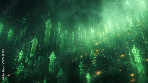 Abstract green background, with tech elements and graphic arrows pointing up, stock market concept