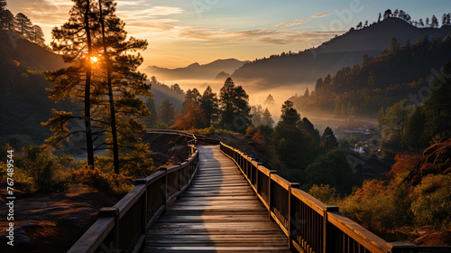 An elegant bridge that meets the dawn among the mountains, as if welcoming a new da photo