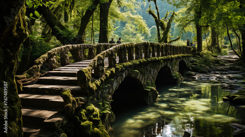 An inspirational bridge drowning in the greenery of a dense forest, like a bridge to the treasure