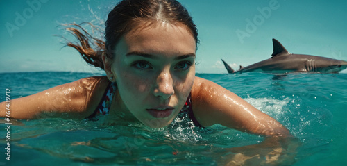 A young adult woman swims in the water near the beach in the open ocean and rushes back out of the water because a shark is swimming behind her