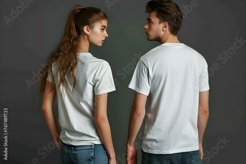 Mockup of white blank tshirts on male and female models showcasing front and back views. Concept Blank Tshirt Mockup, Male Model, Female Model, Front View, Back View
