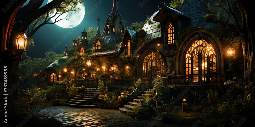 A magic house, with windows lit by the green light of the forest, like a portal in other worl A magic house, with windows lit by the green light of the forest, like a portal in other worl