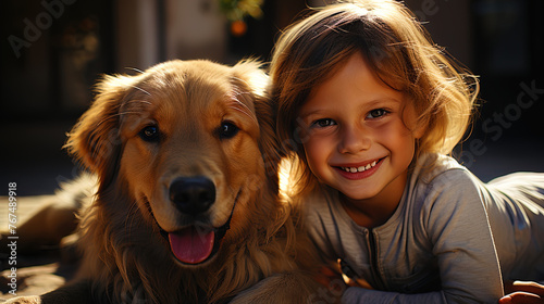 A golden labrador who has fun with children in the courtyard of his house, like a best friend in © JVLMediaUHD