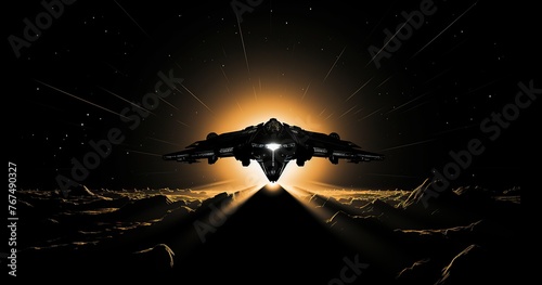 Black silhouette of a spaceship flying in a beautifull background with beautifull rays  speed lines and stars for a vector illustration design depicting a concept of space travel 