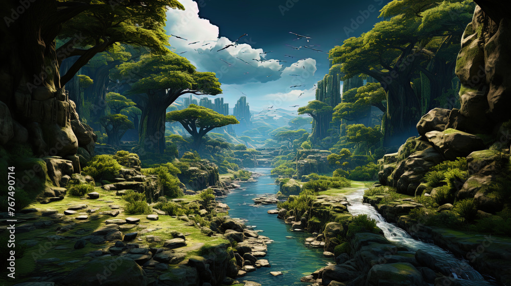Legendary jungle with powerful giant trees and mystical creatures, like a world from folklore - obrazy, fototapety, plakaty 