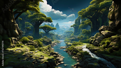 Legendary jungle with powerful giant trees and mystical creatures  like a world from folklore