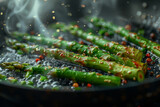 A bundle of slender asparagus spears sizzles in a hot skillet, emitting a savory aroma. Concept of cooking with seasonal vegetables. Generative Ai.