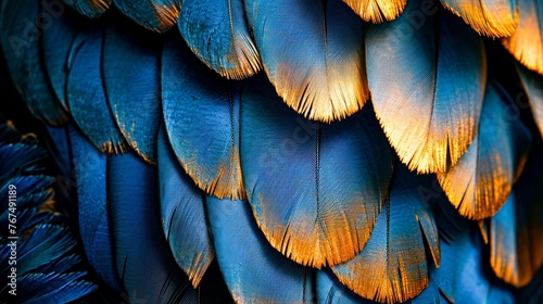 Close-up of bird feathers with blue and yellow flowers