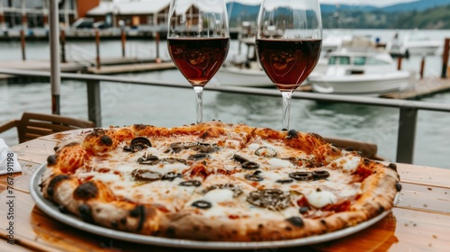  a pizza sitting on top of a metal pan on top of a wooden table next to two glasses of wine.