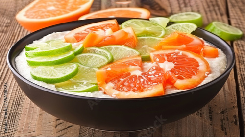  a bowl of rice topped with oranges, limes, and kiwis on top of a wooden table.