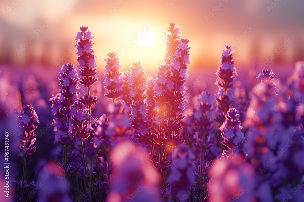 Obraz premium A cluster of fragrant lavender blooms in a sun-kissed meadow, their soothing scent perfuming the air with tranquility. Concept of aromatic serenity and herbal healing. Generative Ai.