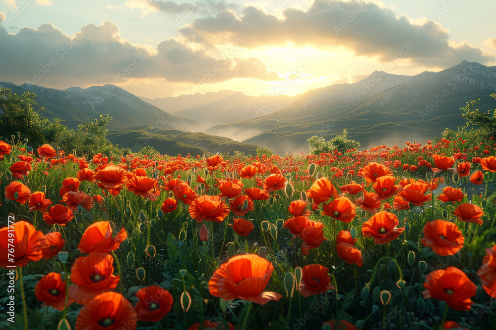 A burst of fiery poppies ignites the landscape with their vibrant red petals, a stunning contrast against the verdant backdrop. Concept of bold beauty and fleeting splendor. Generative Ai.
