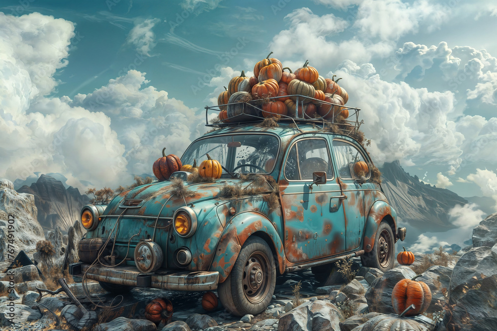 Classic car adorned with autumn pumpkins parked on a rocky mountain path under a cloudy sky Classic car adorned with autumn pumpkins parked on a rocky mountain path under a cloudy sky