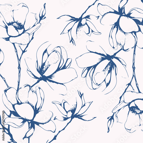 Magnolia tree branch spring flowers, abstract floral sketch art