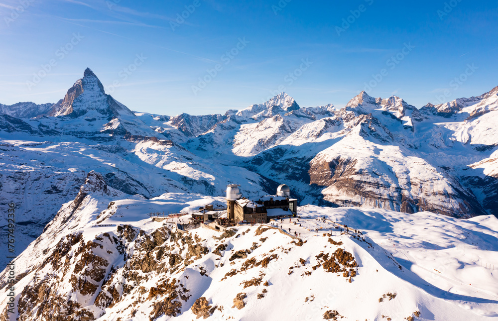 Swiss Alps landscapes with Matterhorn mount in Switzerland, observatory at 3,120 meters above sea level at Gornergrat - obrazy, fototapety, plakaty 