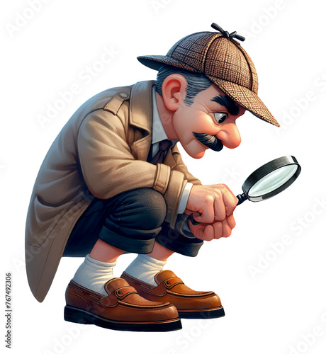 A Private Investigator with a clear magnifying glass, crouched down searching for clues, isolated on a transparent background