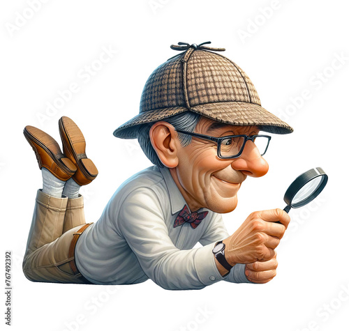 A Private Investigator with a clear magnifying glass, searching for clues on the ground, isolated on a transparent background