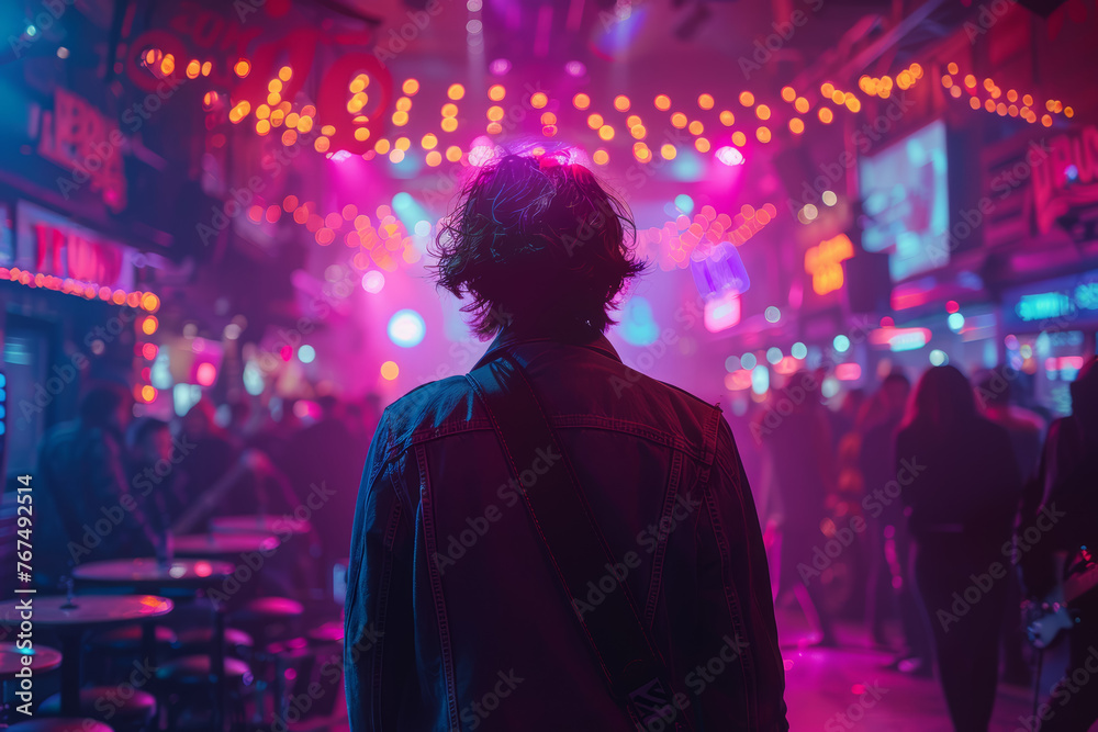 A lively concert venue, where one concertgoer dances energetically to the music, while another stands stoically at the back, lost in their own thoughts. Generative Ai. A lively concert venue, where one concertgoer dances energetically to the music, while another stands stoically at the back, lost in their own thoughts. Generative Ai.