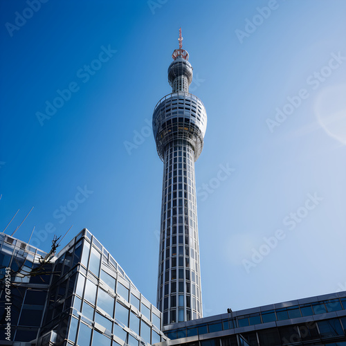 An Iconic View of the BT Tower Amid the Bustling London Skyline Under Clear Blue Sky © Minnie