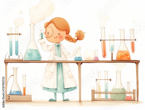 Vivacious Young Girl  Scientist in Action in Style Watercolor on White Background. © chaorit