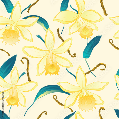 Vanilla orchids seamless pattern with pods and leaves. Bright endless print for kitchen intrior design, home decor, perfume or sweets package or other design. Vector illustration. Not AI created.