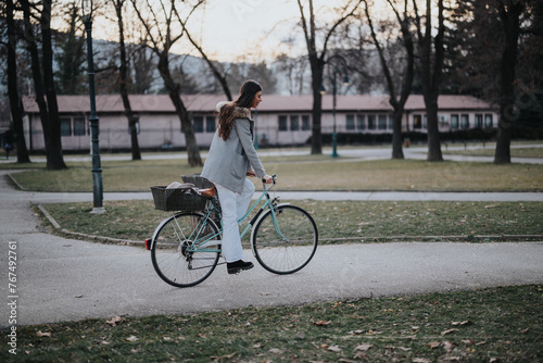 A businesswoman cycles through the park, blending leisure with her active lifestyle.