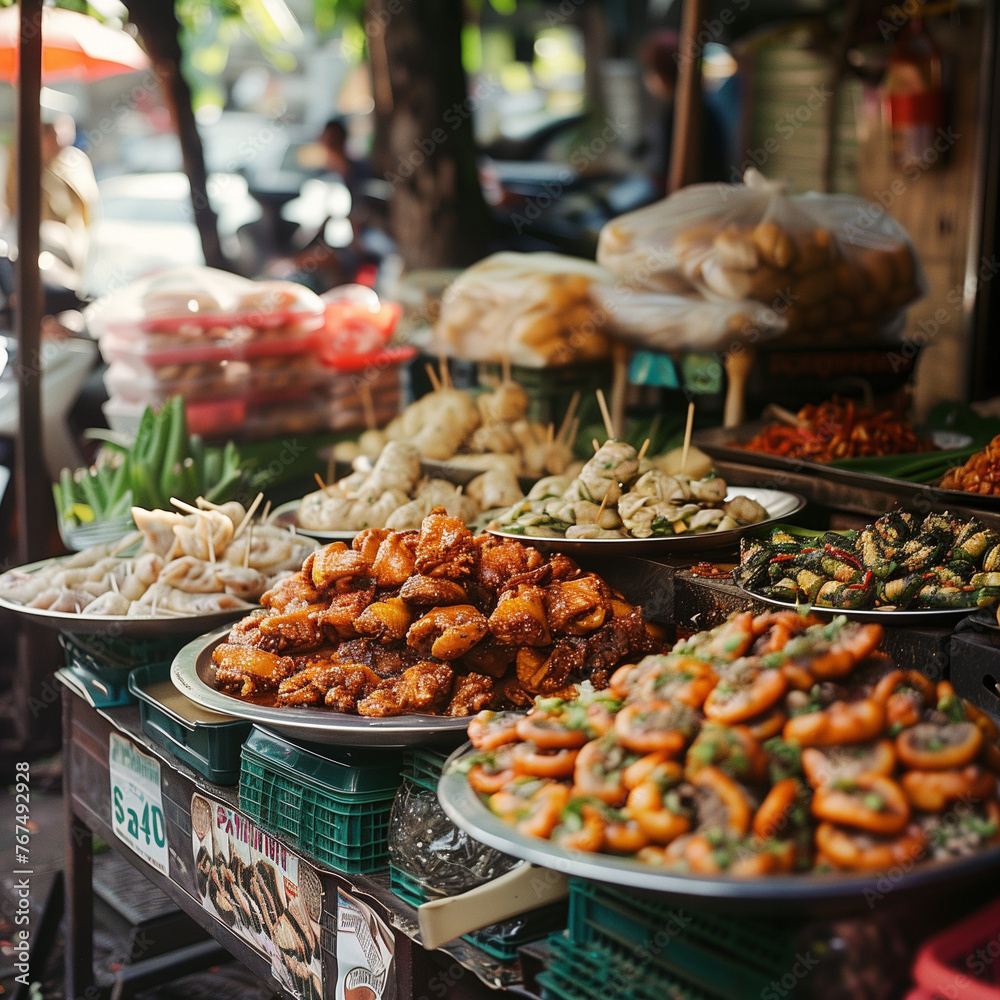 Street Food Delicacies Displayed at Outdoor Market Street Food Delicacies Displayed at Outdoor Market