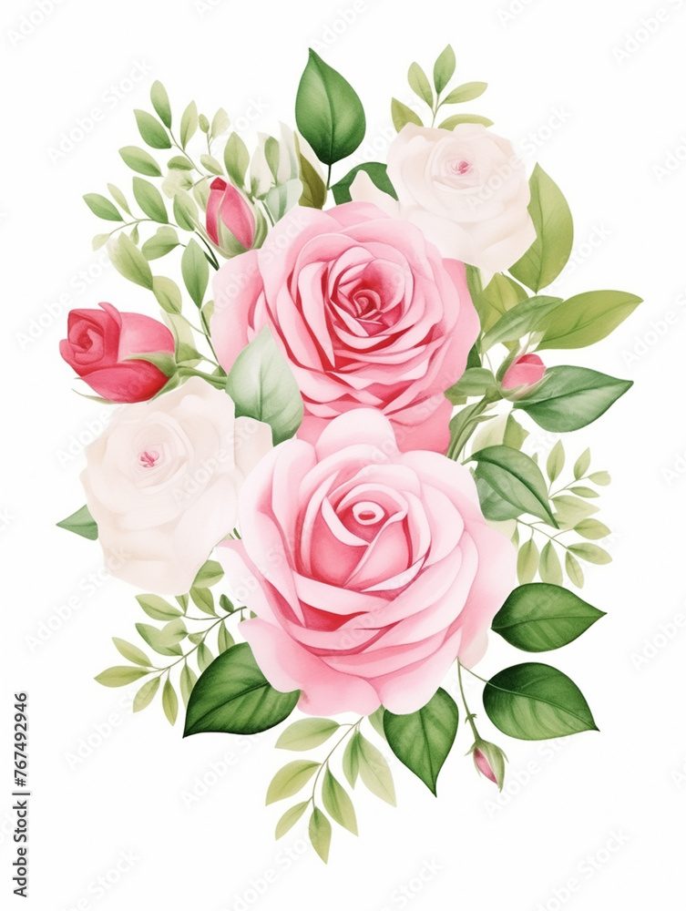 watercolor illustration pink, red, white Rose flower and green leaves. Florist bouquet, International Women's Day, Mother's Day, wedding flowers.rose, watercolor, illustration, yellow, pink, red, whit