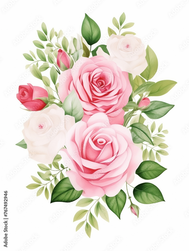 watercolor illustration pink, red, white Rose flower and green leaves. Florist bouquet, International Women's Day, Mother's Day, wedding flowers.rose, watercolor, illustration, yellow, pink, red, whit watercolor illustration pink, red, white Rose flower and green leaves. Florist bouquet, International Women's Day, Mother's Day, wedding flowers.rose, watercolor, illustration, yellow, pink, red, whit