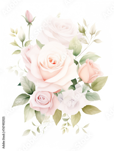 watercolor illustration pink, red, white Rose flower and green leaves. Florist bouquet, International Women's Day, Mother's Day, wedding flowers. © Daisy