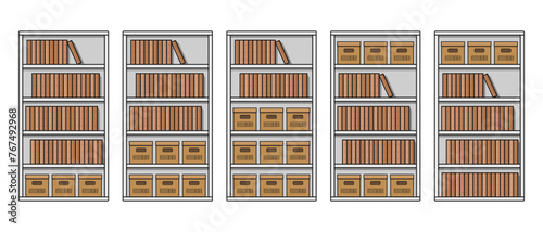 white wooden shelf bookcase storage with books and boxes home furniture vector flat illustration