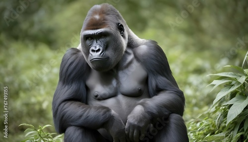 A Solitary Gorilla Sitting Quietly Lost In Though