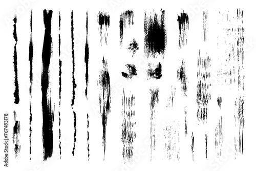 Set with dry brush strokes. Vertical textural lines and strokes. Grain texture. Handmade. Black and white.