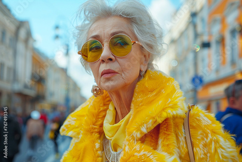 Close up portrait old elderly beautiful woman with gray hair dressed trendy clothes and accessories walking down the crowded street in the summer. Senior street fashion