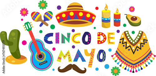Mexico illustration. Mexican pattern. Vector illustration with design for the Mexican holiday May 5 Cinco De Mayo. Vector template with Mexican symbols: Mexican guitar, flower,hat,candle © Muginandaru