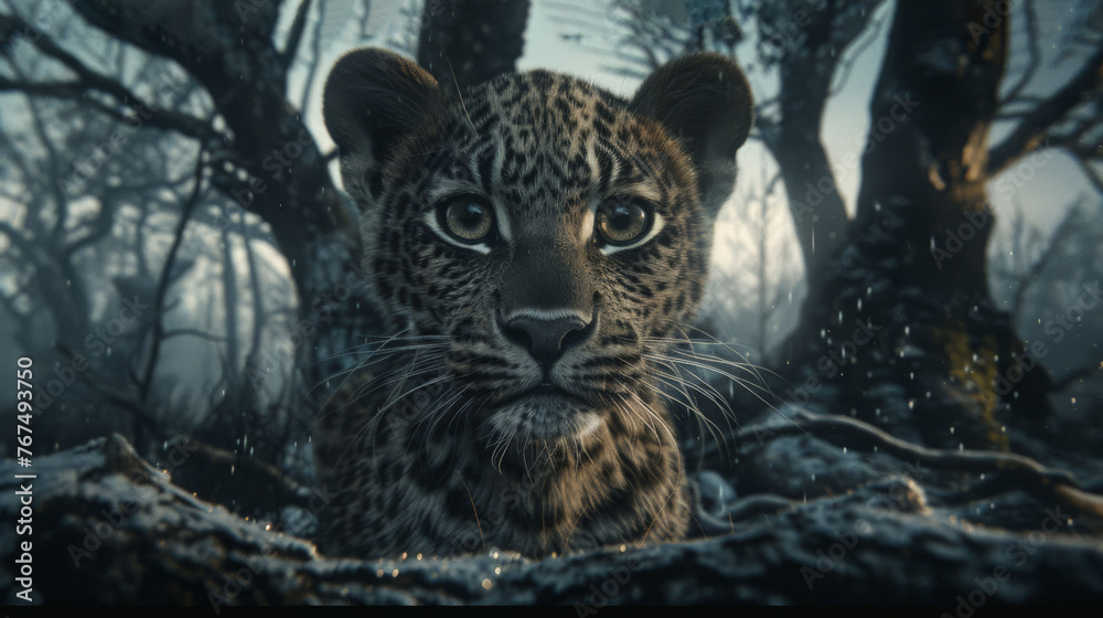 Fototapeta premium a close up of a cheetah in front of a tree with snow falling on it's branches.
