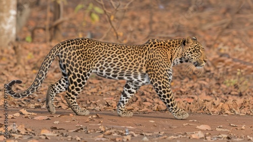  a leopard walking across a dirt field covered in leafy brown and leafy brown ground next to a tree.