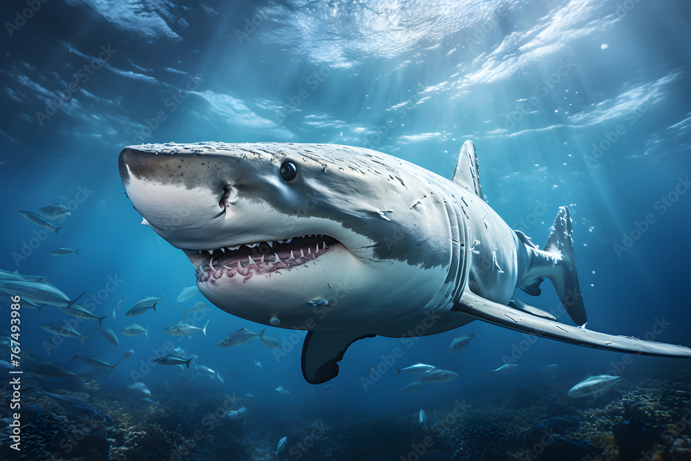 Fototapeta premium swimming white shark in the ocean. sea ​​life