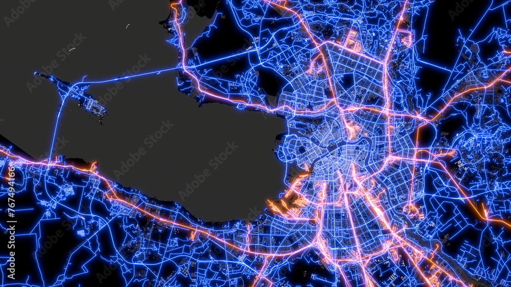 The street map of Saint Petersburg (Russia) consists of blue glowing neon lines on a black background. Top view of the city center with the road network. The border of water and land. - obrazy, fototapety, plakaty 