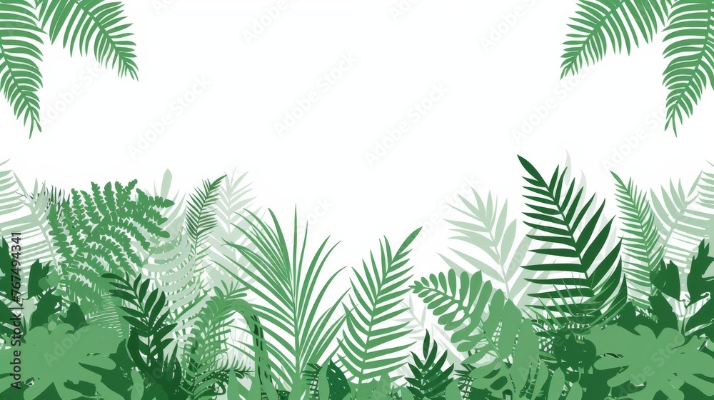 a green and white jungle scene with palm trees and leaves on a white background with a place for your text. a green and white jungle scene with palm trees and leaves on a white background with a place for your text.